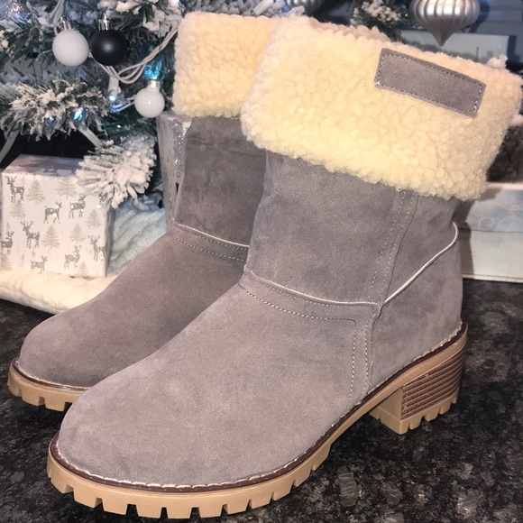 NWOT heeled Sherpa lined gray booties - Picture 3 of 7